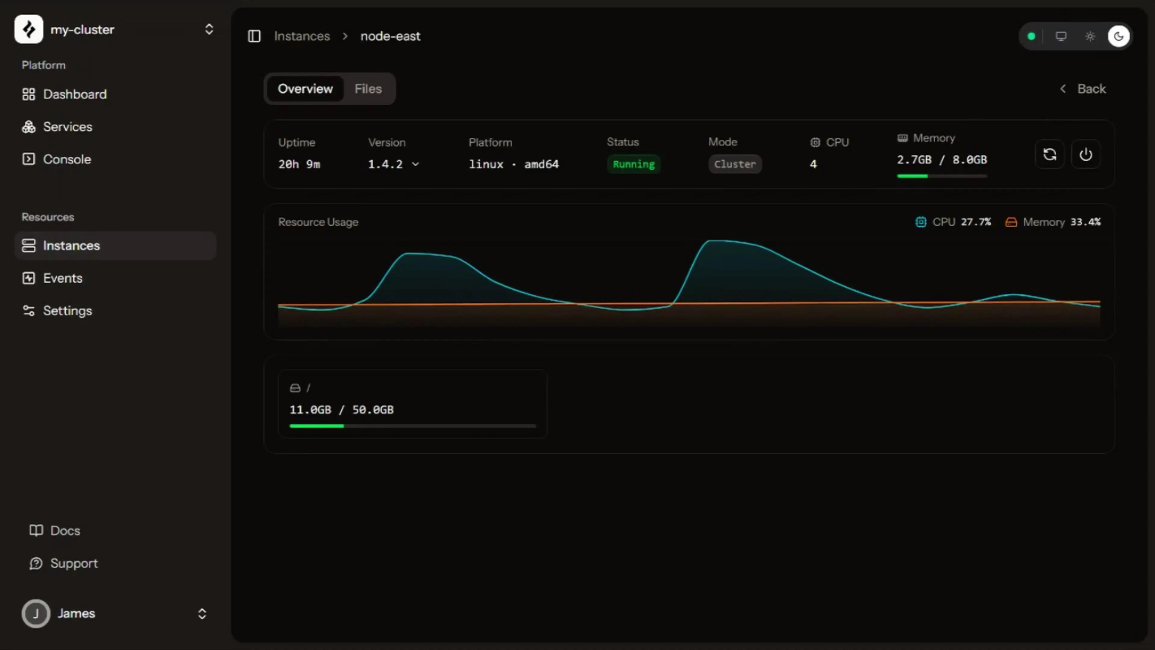 dployr instance dashboard showing server status, CPU, memory and uptime